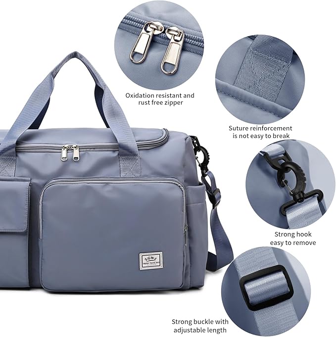 Travel Duffel Tote Bag with Dry Wet Separation Pocket, Weekender Bag for Women and Men，Waterproof Bag with Shoe Compartment Lightweight and Easy Carry on Blue