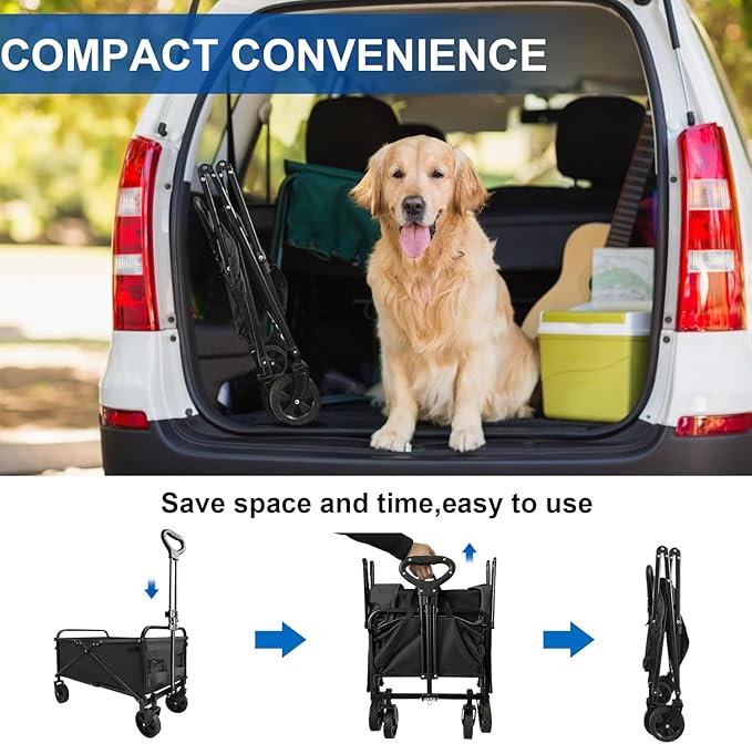 Collapsible Wagon Cart Foldable Portable Heavy Duty Folding Beach Wagons, Outdoor Utility Carts with Large Capacity for Grocery, Camping, Shopping, Fishing, Sports, Garden Black