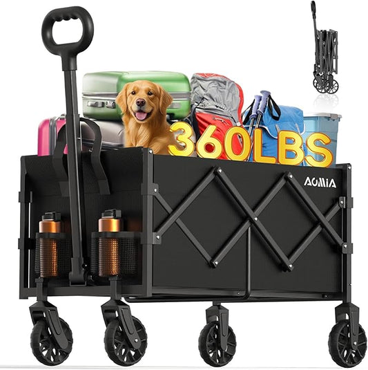 Collapsible Foldable Wagon with Wheels Heavy Duty Folding Wagons Carts 360LBS Weight Capacity Portable All Terrain Utility Wagon Cart for Groceries Sports Garden Shopping Camping Beach Fishing