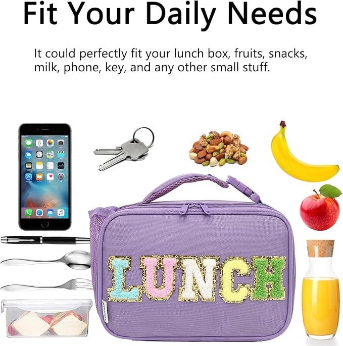 Insulated Lunch Box for School, Thermal Reusable Durable Freezable Lunch Bags for Kids Boys Girls Men Women - Small Soft Cooler Portable Lunch Tote Kit for Work Picnic Travel,Purple Alphabet