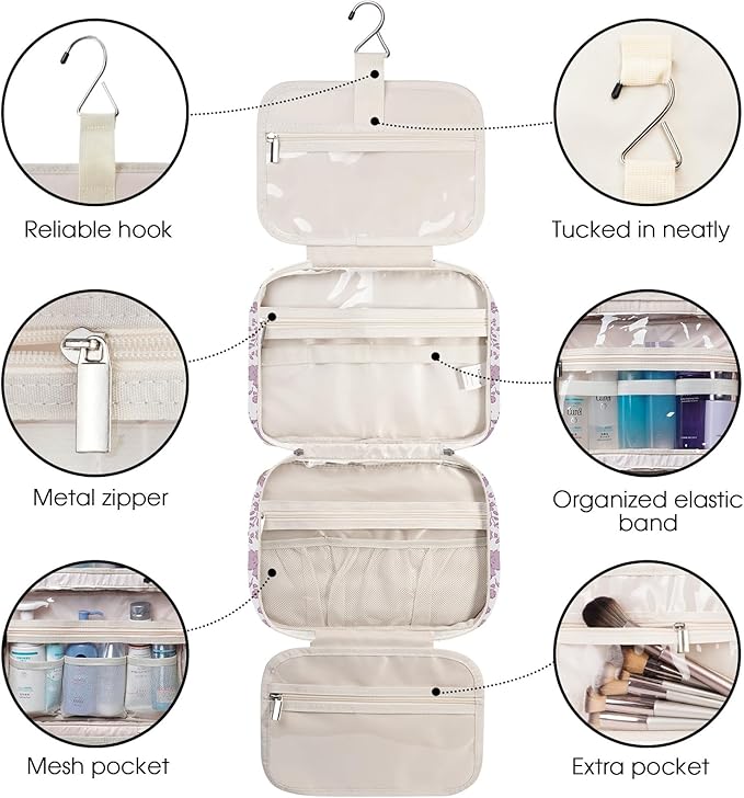 Travel Toiletry Bag for Women Large Hanging Makeup Bag Organizer Toiletries Bag for Full Size Essentials Accessories Cosmetics (Little Dusty Pink Flower (Large))