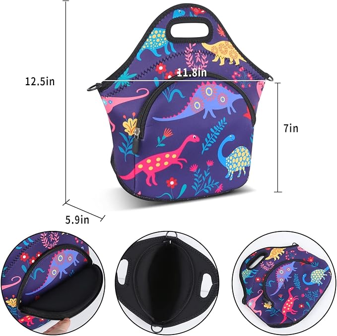 Violet Mist Neoprene Lunch Bag Reusable Insulated Lunch Box with Adjustable Shoulder Strap&Pocket for Women,Men,Adults,Cute Cartoon Dinosaur Snack Bags Blue Anime Work Picnic Travel Tote Food Handbags