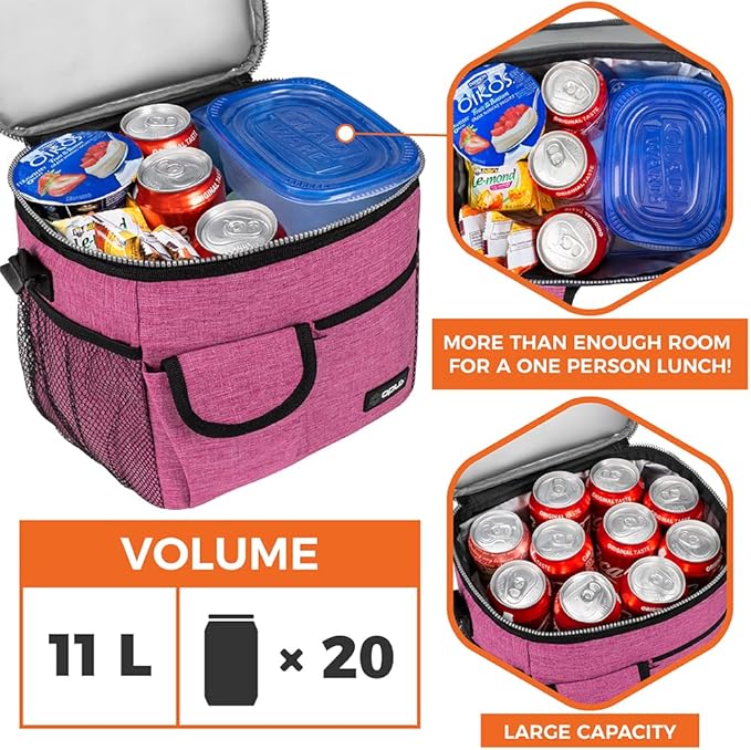 opux Insulated Lunch Bag for Men Women, Leakproof Heather Pink Lunch Box for Work, Portable Soft Lunch Cooler Bag with Shoulder Strap, Adult Lunchbox Lunch Pail for Kid Boy Girl School, 18 Can/10L