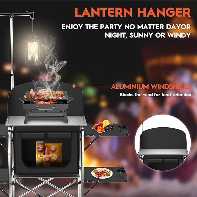 Camping Table, Aluminum Folding Camping Cook Station with Windshield, Upgrade Light Stand, Storage Bag, Quick Installation for Outdoor, Picnic, Cooking