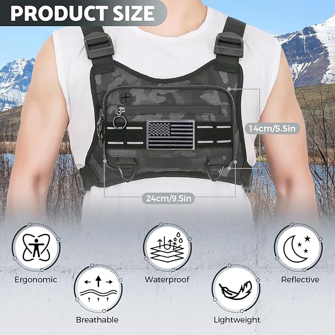 Sports Chest Bag For Men Women, Water Resistant Lightweight Front Chest Pack, Running Vest Bag With Built-In Phone Holder & Extra Storage For Workouts, Running, Cycling (Camo)