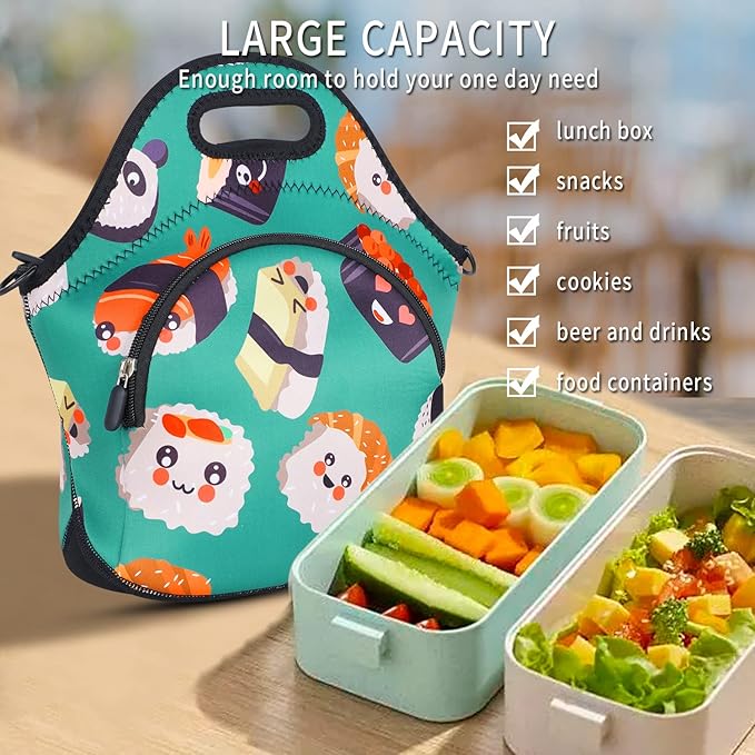 Violet Mist Women's Neoprene Insulated Lunch Bag Thermal Resealable Lunch Bag Tote Large with Extra Pocket Detachable Adjustable Shoulder Strap, Eye Sushi