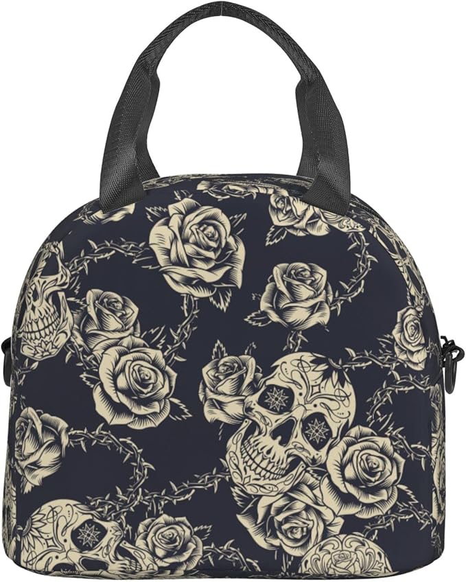 bassyil Skull Insulated Lunch Bag Reusable Lunch Box With Adjustable Shoulder Strap Cooler Tote Bag For Men Women