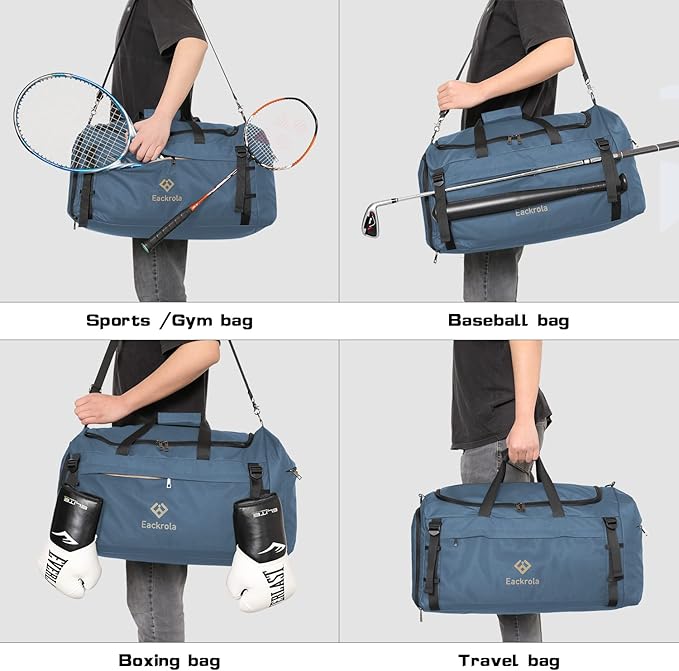 Eackrola Large Sports Gym Bag, Travel Duffel bag with Wet Pocket & Shoes Compartment for men women, 65L, Lightweight（Haze Blue）