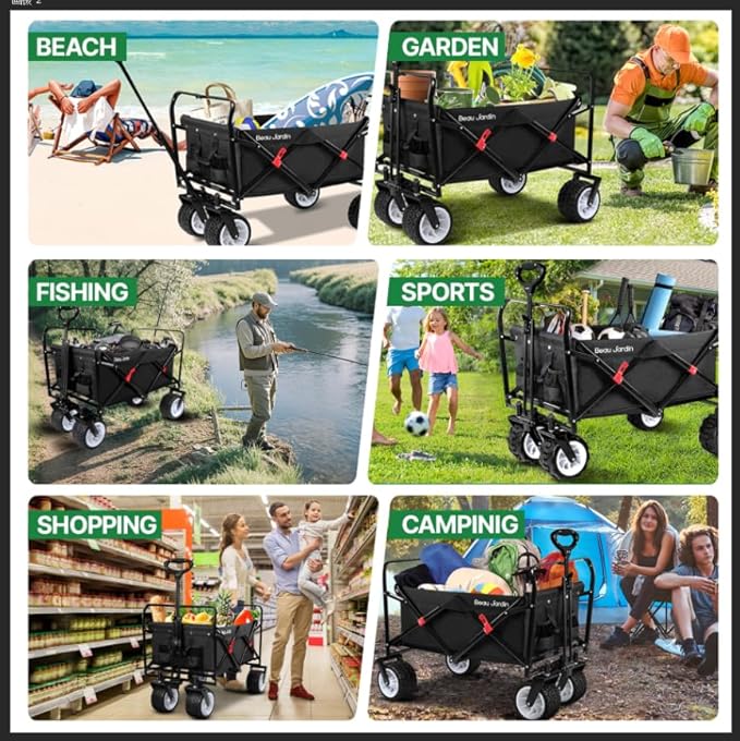 BEAU JARDIN Collapsible Folding Beach Wagon 460lbs Foldable Wagon Cart with All Terrain Big Sand Wheels Heavy Duty Utility Grocery Cart for Camping Garden Sports Shopping Black