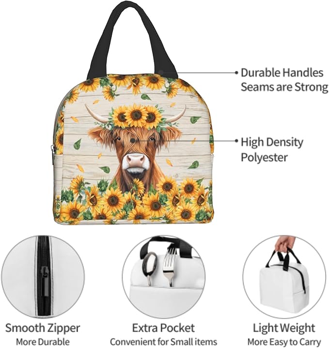 Giwawa Highland Cow Kids Lunch Bag Sunflower Cattle Insulated Girls Lunch Box Yellow Floral Wood Board Thermal Cooler Lunch Tote Bag for Teens Boys School Students Men Women Picnic