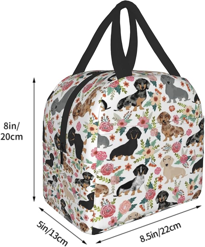Giwawa Dachshund Floral Lunch Bag- Weiner Dog Flowers Insulated Reusable Lunch Box- Kids Thermal Cooler Lunch Tote Handbag for Women Girls Men Boys Travel