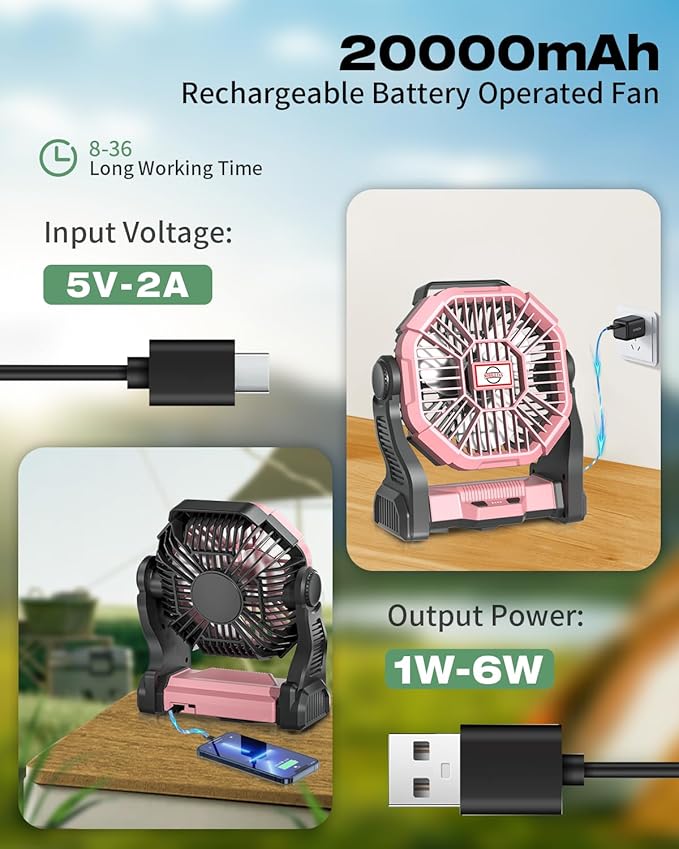 Camping Fan Rechargeable, Cordless Battery Powered Camping Fan with LED Lantern, Hanging Hook, 270°Rotation, 20000mAh Personal Battery Operated for Beach, Picnic, Fishing, Travel, Tent, BBQ