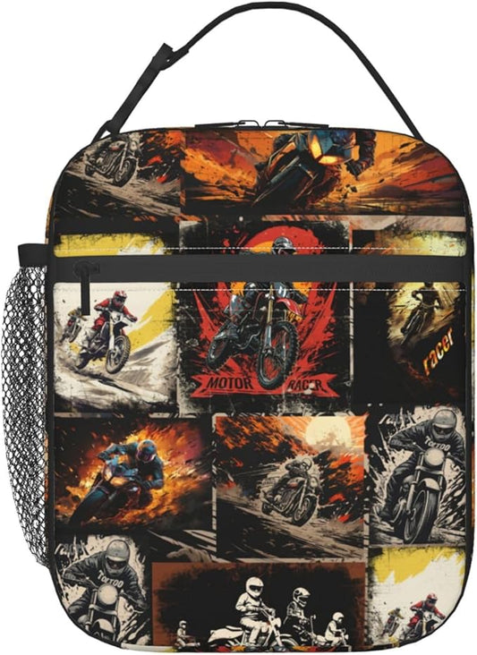 Sport Motorcycle Lunch Boxs for Men Women, Dirt-Bike Motocross Lunch Bag for Kids, Portable Reusable Insulated Lunch Bag for School Work Travel