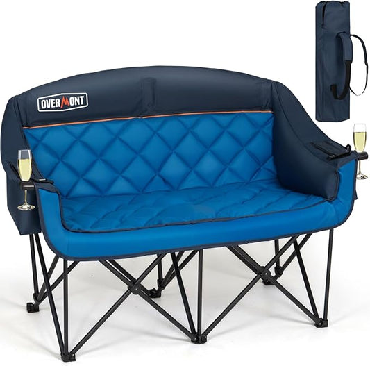 Overmont Oversized Double Camping Chair - 2 Person Comfort Couch Chair Loveseat for Adults - Heavy Duty Lawn Chairs with Cooling Bag&Wine Racks - Support 850LBS Blue