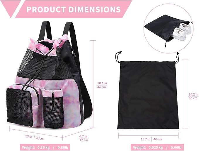 Lohol Large Mesh Drawstring Backpack with Shoe Bag, Durable Swimming String Sack with Handle for Sports Gym Yoga Beach Travel