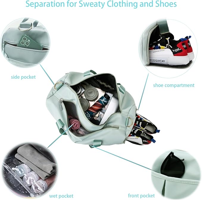 Women Gym Bag with Separation for Wet and Dry, Shoe Storage, Waterproof Travel Duffle Bag for Gym, Swimming, Yoga, Sports (Green)