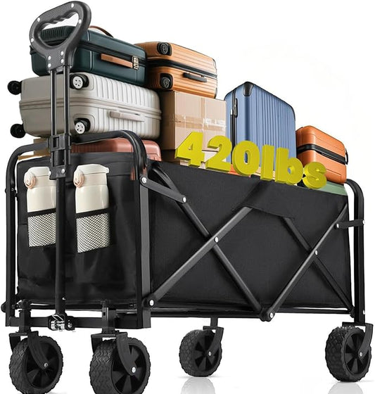 Collapsible Wagon Cart Foldable 37" L 420lbs Capacity, Heavy Duty Beach Wagon, Shopping Carts with Wheels for Grocery, Camping, Shopping, Beach, Fishing, Garden Cart