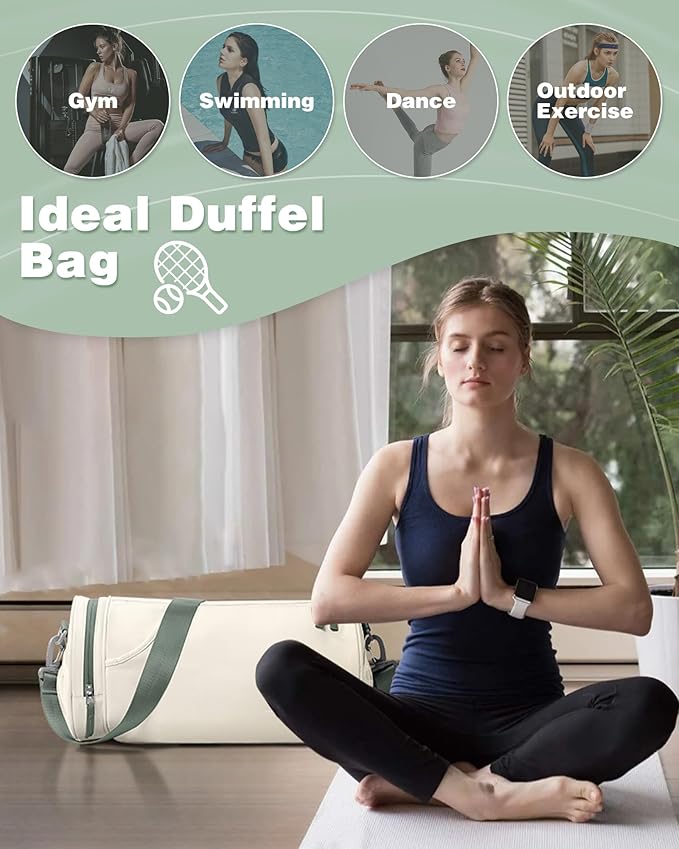 Small Gym Bag for Women Waterproof Workout Bag Mini Duffle Bag Womens Spotrs Gym Bags Small Travel Duffel Bag with Wet Pocket Carry on Weekender Bags for Dance Swimming,Gym,Yoga,Fitness Beige Green