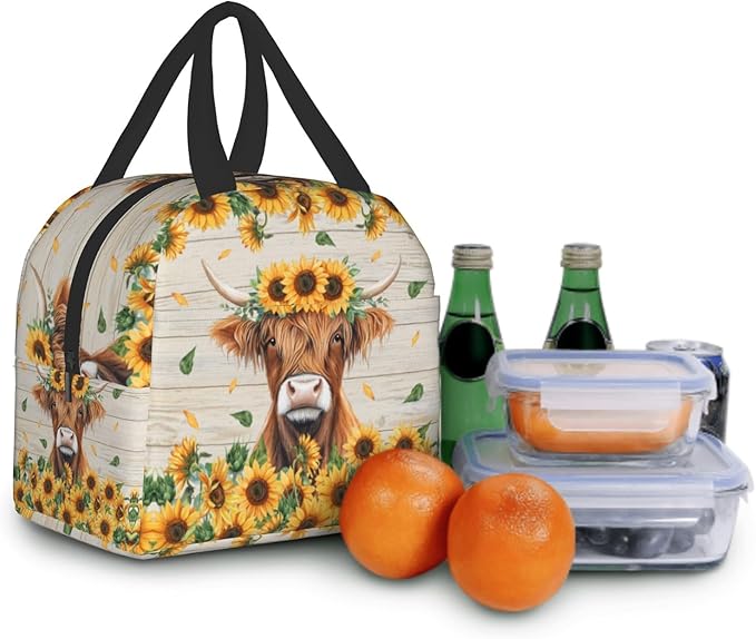 Giwawa Highland Cow Kids Lunch Bag Sunflower Cattle Insulated Girls Lunch Box Yellow Floral Wood Board Thermal Cooler Lunch Tote Bag for Teens Boys School Students Men Women Picnic