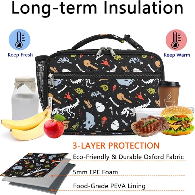 Insulated Lunch Box for School, Thermal Reusable Durable Freezable Lunch Bags for Kids Boys Girls Men Women - Small Soft Cooler Portable Lunch Tote Kit for Work Picnic Travel,Dinosaur Fossil