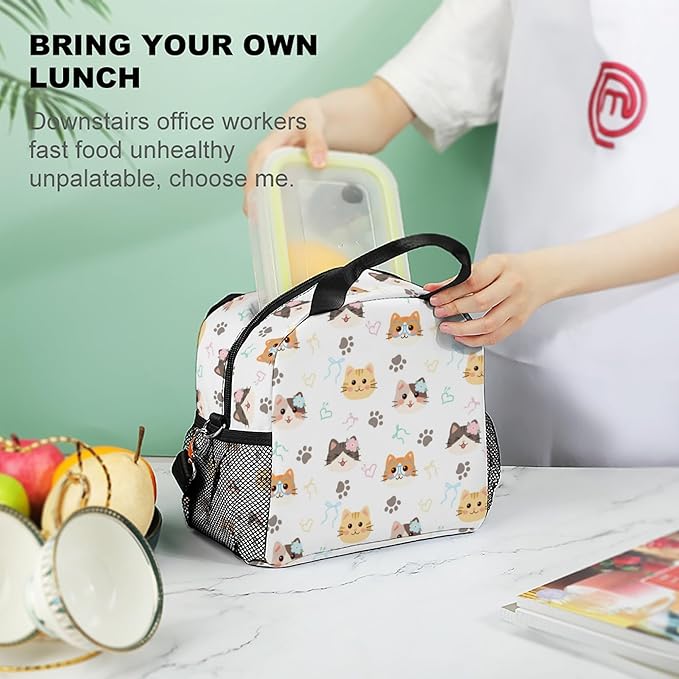 Lunch box Kids,Insulated Cat Lunch Bag Cute Small Pink Lunch Totebag Reusable Leakproof Corgi Lunch Bag With Shoulder Strap for Girls Boys Women School Work Picnic (ice cat)