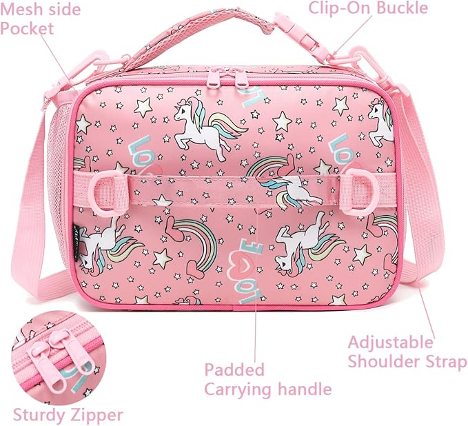 FlowFly Kids Lunch Bag, Durable Insulated School Lunch Box with Shoulder Strap and Bottle Holder, Water-resistant Thermal Small Lunch Cooler Tote for Teen Boys & Girls,Red#Uincorn