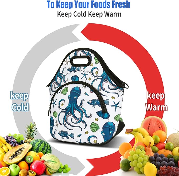 Violet Mist Womens Insutated Neoprene Lunch Bag Resuable Thermal Cute Cartoon Lunch bag with Pocket Detachable Adjustable Shoulder Lunchbox Handbags Container Women Men Adult Gifts(Bule Seaa Animal)