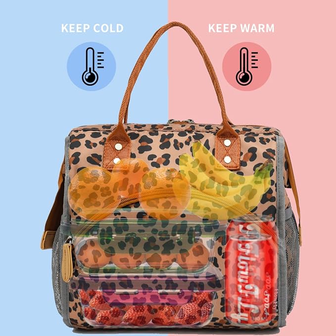 FlowFly Insulated Lunch Bag Wide-Open Lunch Box Large Tote Leakproof Cooler with Drink Holder and Multi Pockets for Women Men Adult Kids Work Picnic Travel Beach Hiking, Leopard