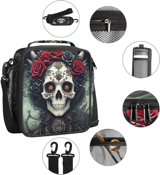 Goth Skull Insulated Lunch Bag for Girls Boys Teen Skeleton Flower Reusable Lunch Box with Shoulder Strap Freezable Thermal Cooler Bag Meal Prep Boxs for School Travel Picnic Beach Lunch Pail