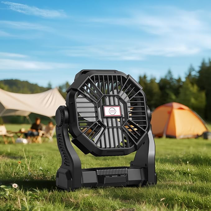Battery Powered Fan Camping Rechargeable, Portable Outdoor Battery Operated Fan with 4 Light, 270° Pivot, and Hook