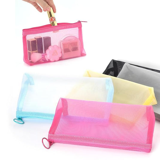 Patu Zipper Mesh Bags, Widened Long Case, 5 Pieces, Beauty Makeup Cosmetic Accessories Organizer, Travel Toiletry Kit Set Storage Pouch, Assorted Colors