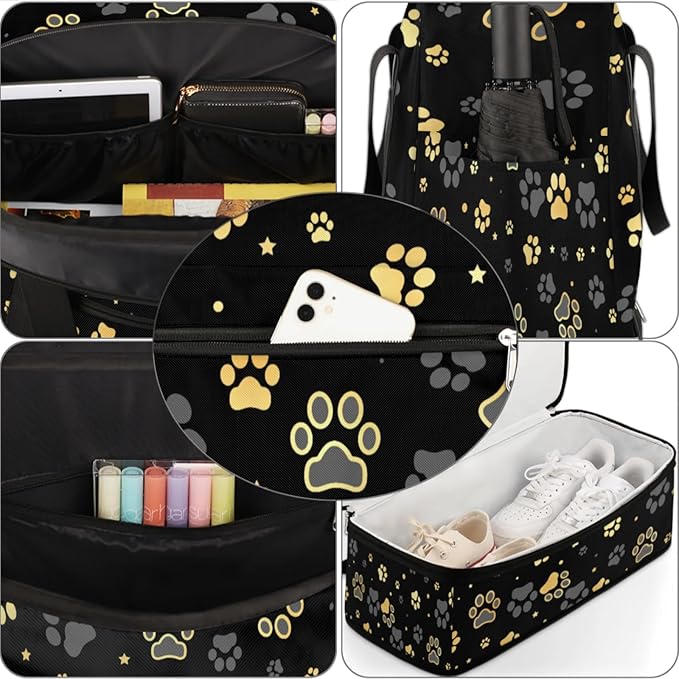 Dog Paw Print Foldable Travel Duffel Bag, Expandable Sports Gym Bag with Shoes Compartment Weekender Overnight Totes Bags for Women Men