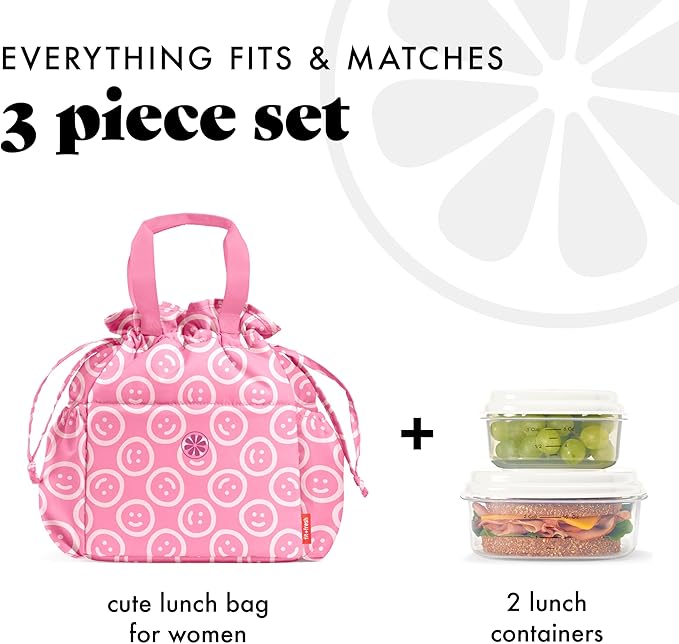 Fit & Fresh Lunch Bag For Women, Insulated Womens Lunch Bag For Work, Stain-Resistant Large Lunch Box For Women With Containers, Cinch Closure Cromwell Bag, All Smiles Fuchsia
