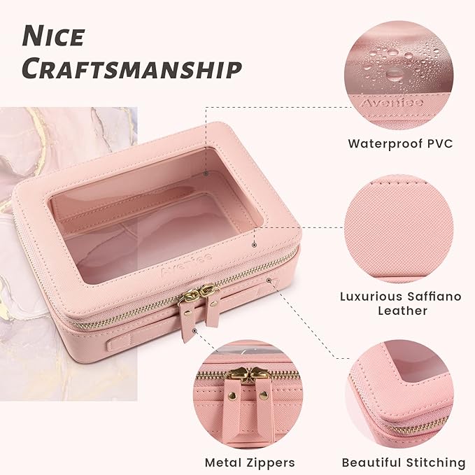 Aveniee Clear Makeup Bag Organizer, Portable Travel Toiletry Cosmetic Bag Case for Women, Heavy Duty Make Up Pouch with Transparent Vinyl Windows & Gold Zippers(Pink)