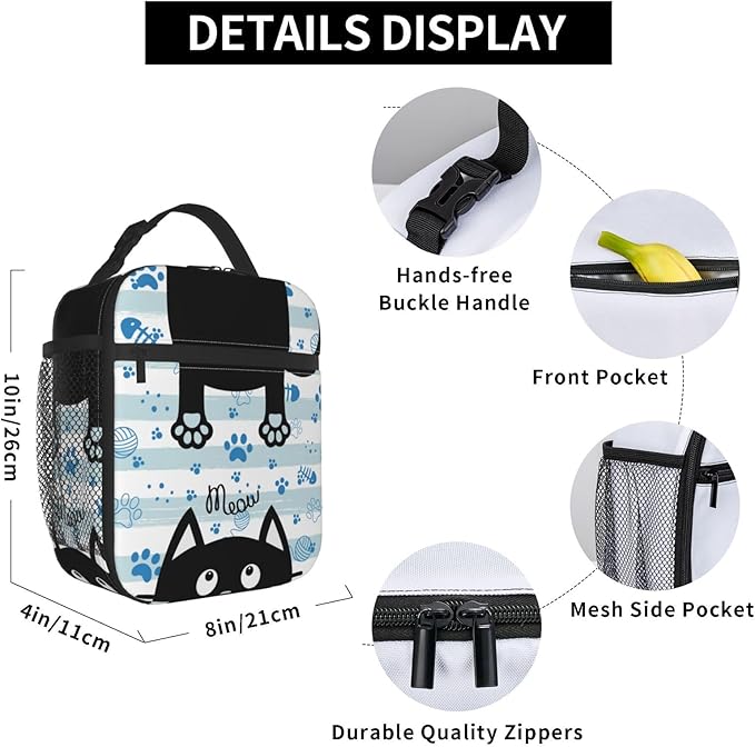Black Cat Lunch Box for Kids Boys Girls, Blue and White Striped Cat Paws Insulated Lunch Bag for Women Men, Leakproof Durable Lunch Cooler for School Work Picnic