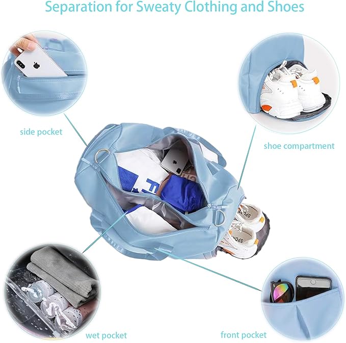Women Gym Bag with Separation for Wet and Dry, Shoe Storage, Waterproof Travel Duffle Bag for Gym, Swimming, Yoga, Sports (Blue)