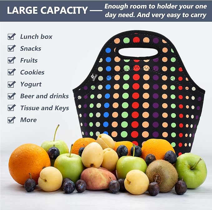 LOVAC Neoprene Lunch Bag, Thick Insulated Lunch Bag - Durable & Waterproof Lunch Tote With Zipper For Outdoor Travel Work School (Small Colorful Dot)