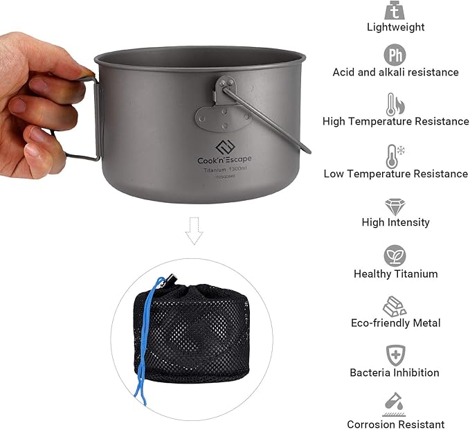 COOK'N'ESCAPE Titanium Camping Cooking Pot, Camping Cookware Set with Folding Handle,Compact Frying Pan Open Over Fire Cooking for Outdoor Backpacking Hiking Picnic