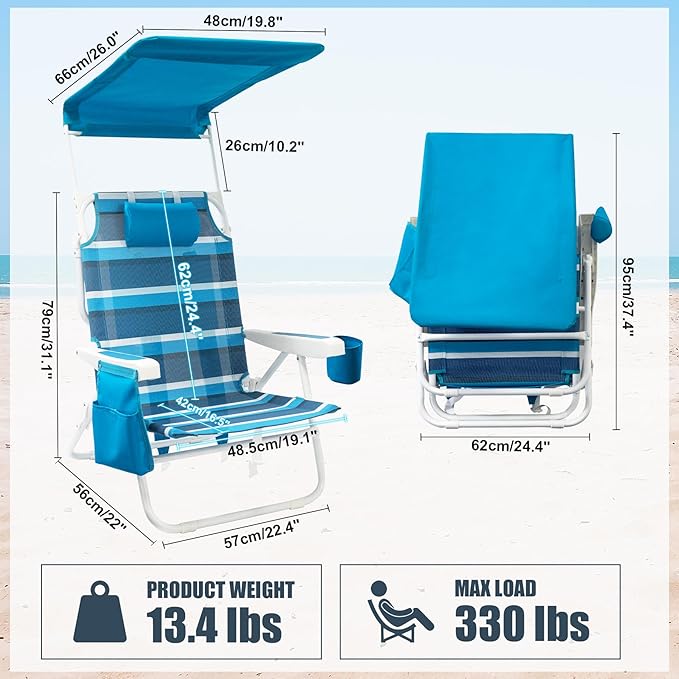 Beach Chair 2 Pack, 5 Positions Textilene Folding Reclining Beach Chair with Backpack Straps, Cooler Bag & Cup Holder for Outdoor Lawn Camping