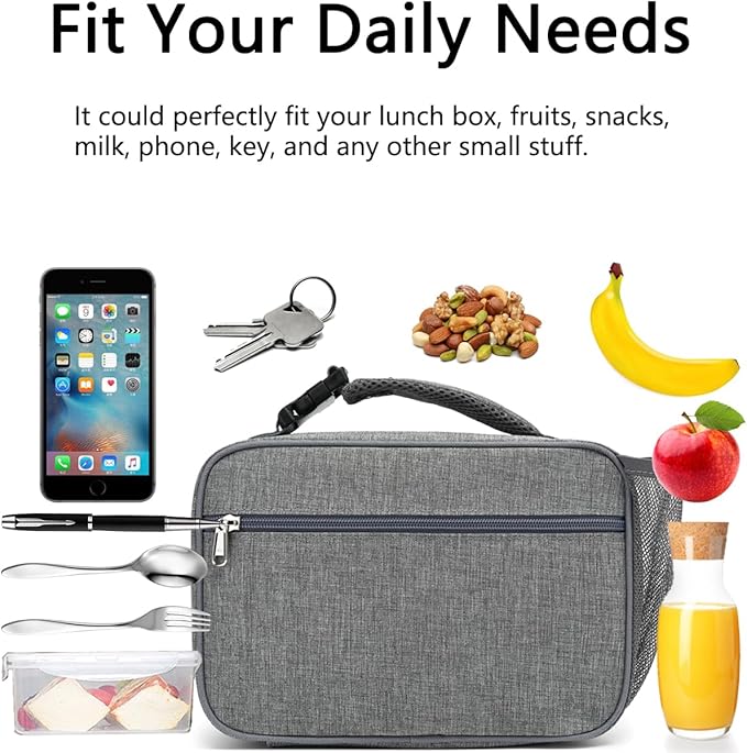 Insulated Lunch Box for School, Thermal Reusable Durable Freezable Lunch Bags for Kids Boys Girls Men Women - Small Soft Cooler Portable Lunch Tote Kit for Work Picnic Travel,Grey