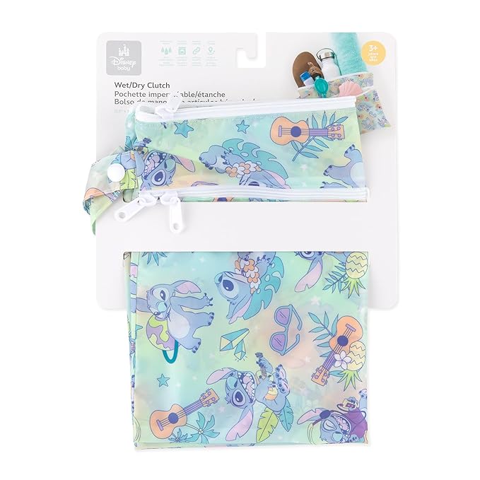 Bumkins Disney Waterproof Wet Dry Clutch Bag for Baby, Travel, Swim Suit, Cloth Diapers, Pump Parts, Pool, Gym Clothes, Toiletry, Strap to Stroller, Daycare, Zip Reusable Bag, Packing Pouch, Stitch
