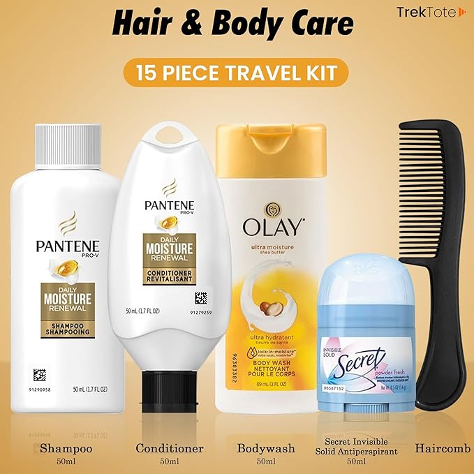 Trektote Travel Toiletry Kit For Women – 15 Piece Set of Travel Size Toiletries, TSA Compliant, Includes Pantene Shampoo And Conditioner, Olay Body Wash, Reusable Toiletry Bag & More