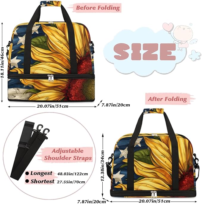 cfpolar Woman Travel Duffel Bag Sunflower American Flag Foldable Tote Carry On Luggage Sports Gym Bag With Shoe Compartment Overnight Weekend Yoga Workout Bag Training Handbag