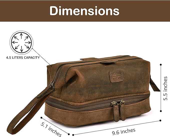 LEATHER VILLAGE Genuine Leather Dopp Kit – Large Travel Toiletry Bag with Waterproof Lining, Dual-Zip Design for Men & Women, Organizer for Shaving, Makeup & Essentials - Brown