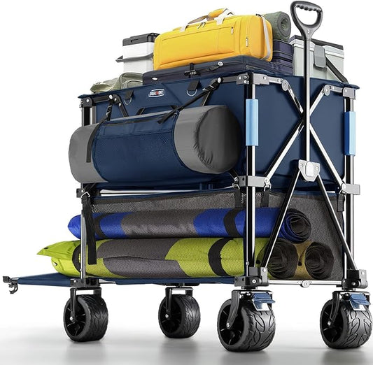 Overmont 400L Foldable Double Decker Wagon - Large Capacity Collapsible Wagon Cart- 52" Extra Long Extender - All-Terrain Big Wheels for Beach Sports Grocery, Support Up to 450lbs