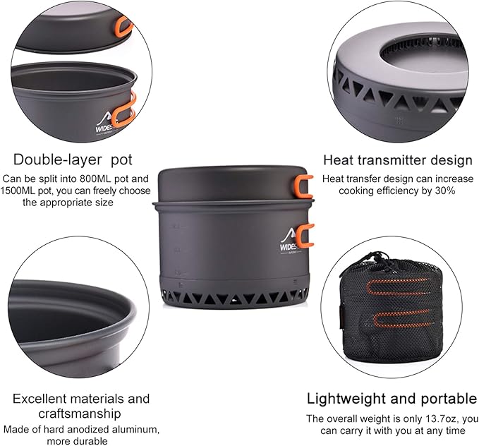 widesea Camping Cookware Outdoor Pot Pan Cooking Equipment Heat Exchange Design for Hiking Backpacking Travel