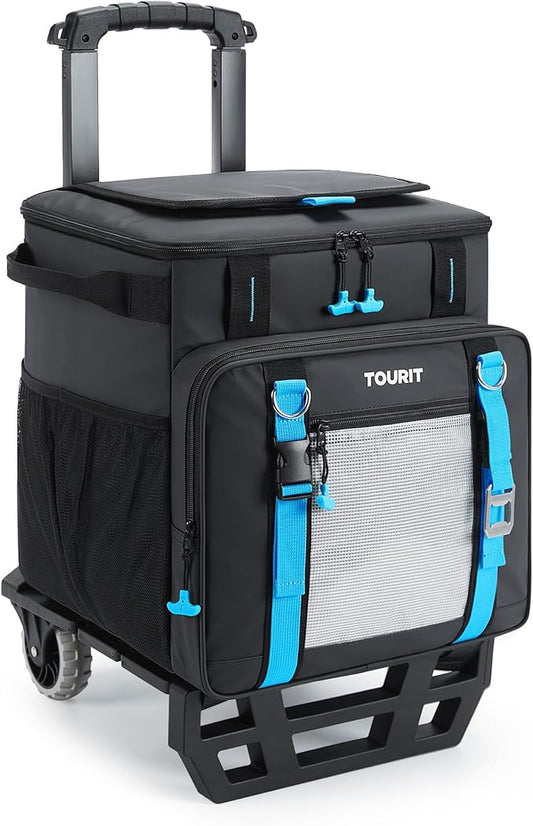 TOURIT 30L/50-Can Cooler with Wheels - 16Hrs Ice Retention Rolling Cooler with Retractable Handle & Oversized All-Terrain Tires, PU-Coated Waterproof Soft Cooler Bag for Camping, Beach Travel, Picnics