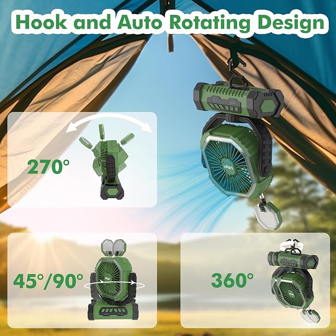 Portable Fan, AI Outdoor Rechargeable Camping Fan with Light, 20000mAh Battery Powered, 360° Rotating Hook, 4 Speeds for Indoor, Traveling, Tenting, RVing, Fishing, Beach (Green)