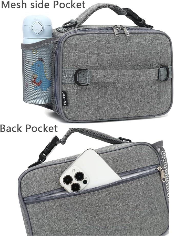 FlowFly Kids Lunch Bag, Durable Insulated School Lunch Box with Shoulder Strap and Bottle Holder, Water-resistant Thermal Small Lunch Cooler Tote for Teen Boys & Girls,Grey