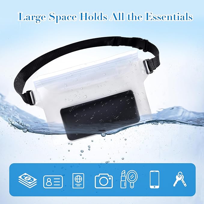 4 Pack Waterproof Fanny Pack with Waist Strap Waterproof Phone Pouch Dry Bag for Kayaking Pool Swimming Boating Beach Fishing Travel Diving Surfing (Black & White, 2 Fanny Pack + 2 Pouch Bag)